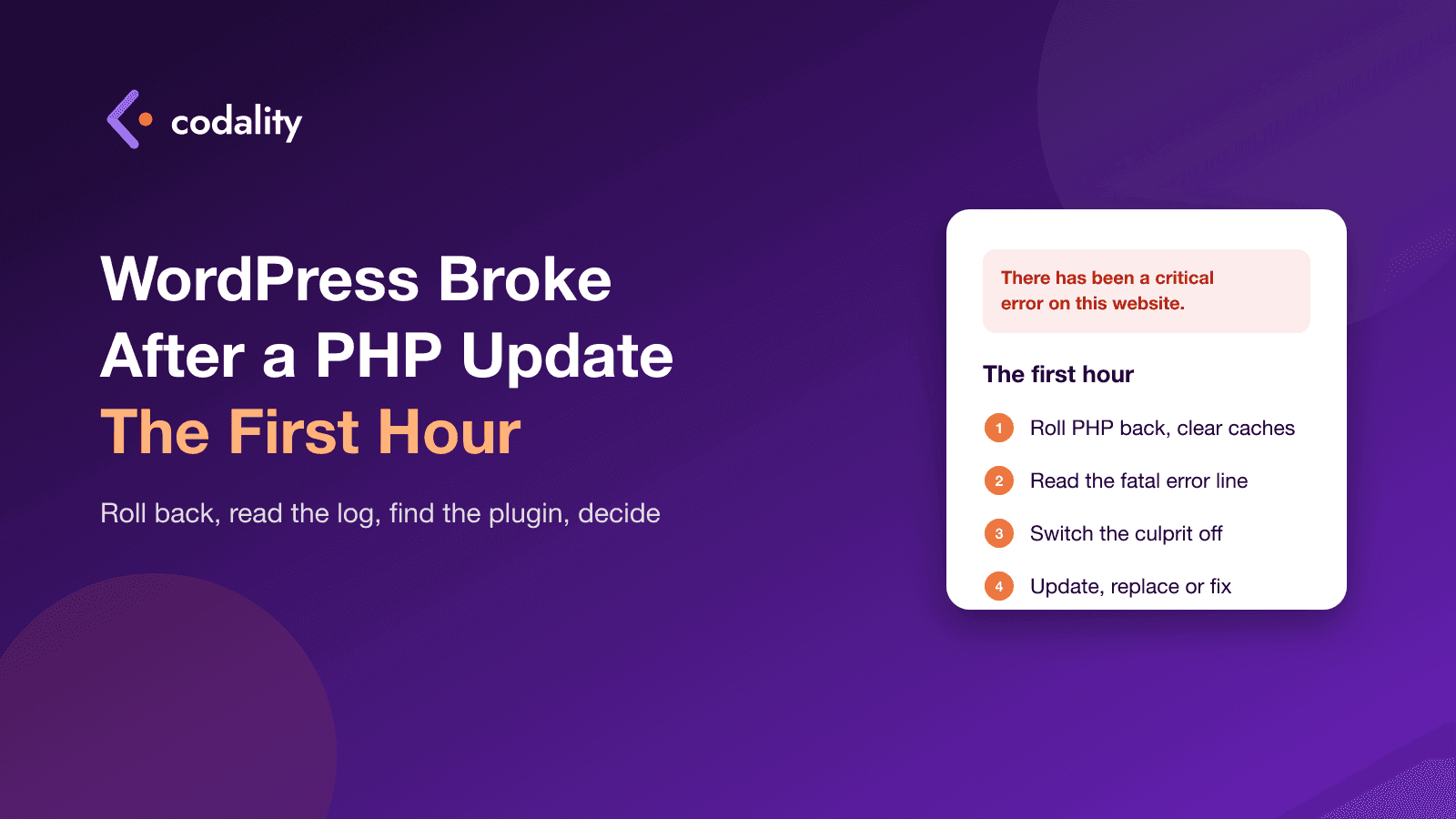 Cover for WordPress broke after a PHP update: the critical error message next to a four-step first-hour checklist